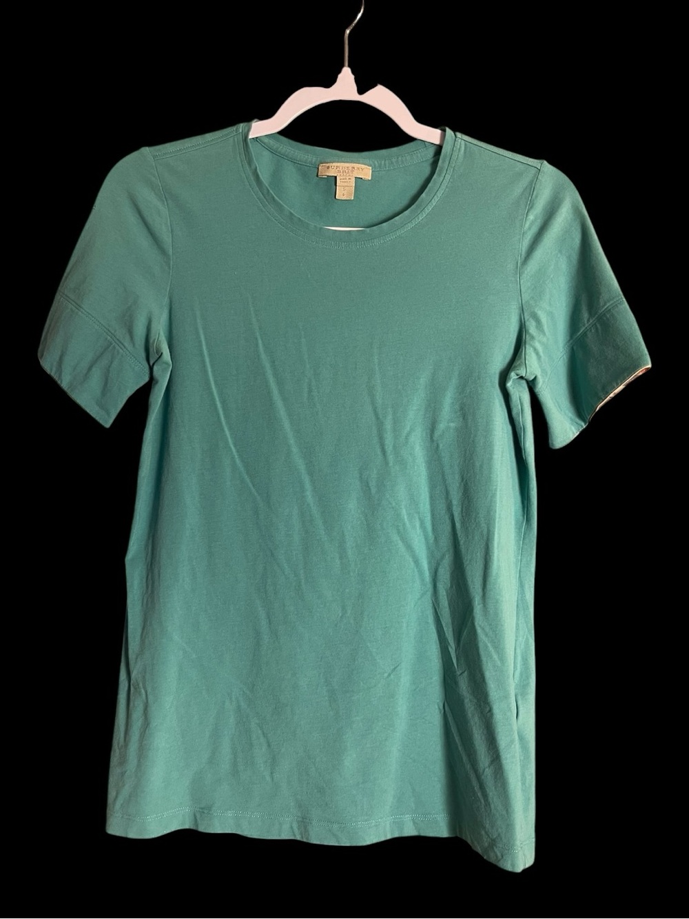 Burberry Brit Women’s Aqua Green Nova Check Cuff Tee Shirt Size S